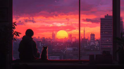 Person and Cat at Window with Sunset Cityscape - Anime Style Digital Illustration Background