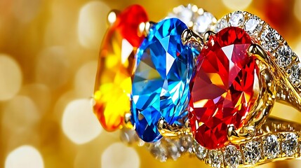 Fototapeta premium Colorful Luxury Rings with Sparkling Gemstones and Glittering Background