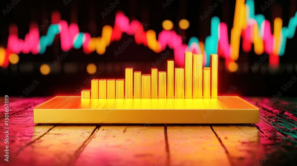 Aufkleber 3d rendered of a gold bar chart rising against a colorful glowing and bokeh background showcasing fi