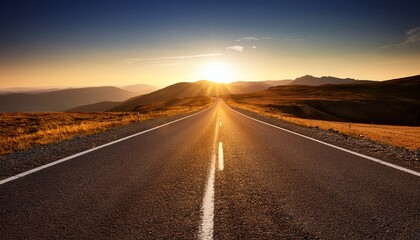 empty long mountain road to the horizon at bright sunset