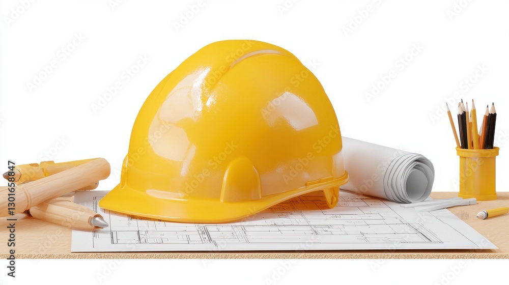 Poster yellow construction helmet placed on top of architectural blueprints surrounded by various construct