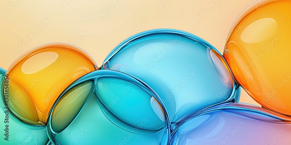 Poster colorful translucent bubbles cluster together against a soft gradient background in a serene artisti