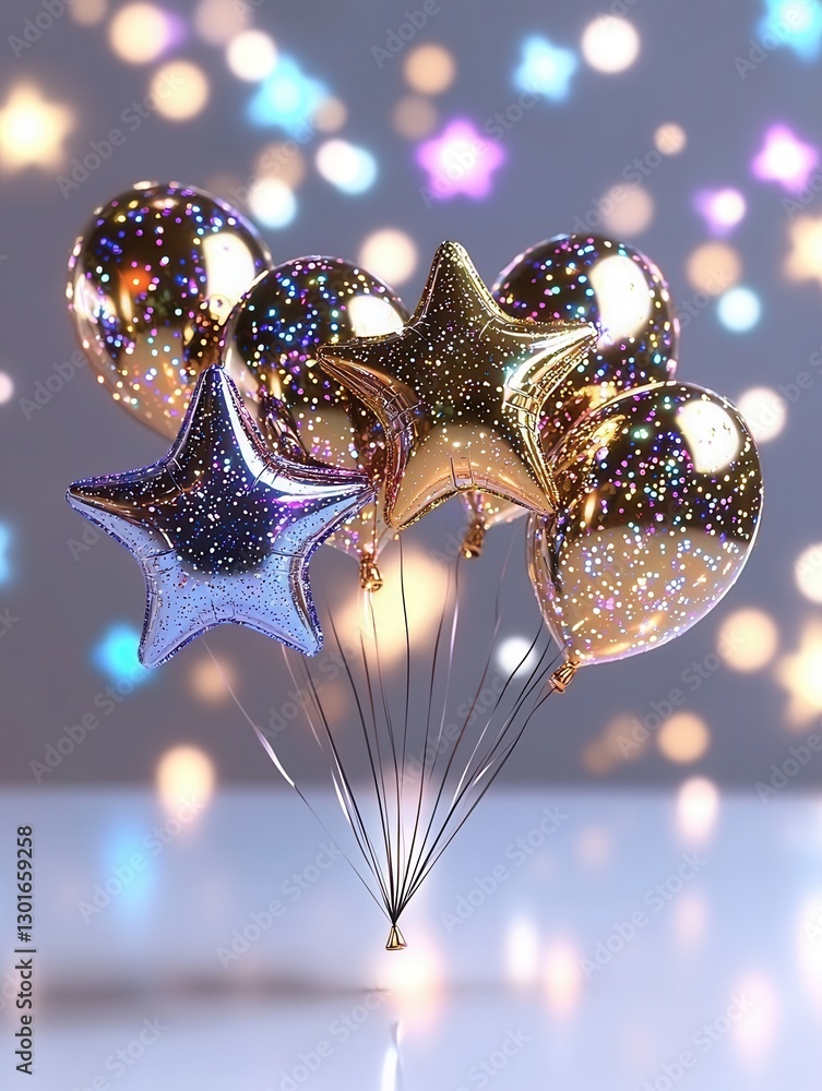 Poster a 3d render of glossy star shaped balloons floating in a mesmerizing celestial atmosphere creating a