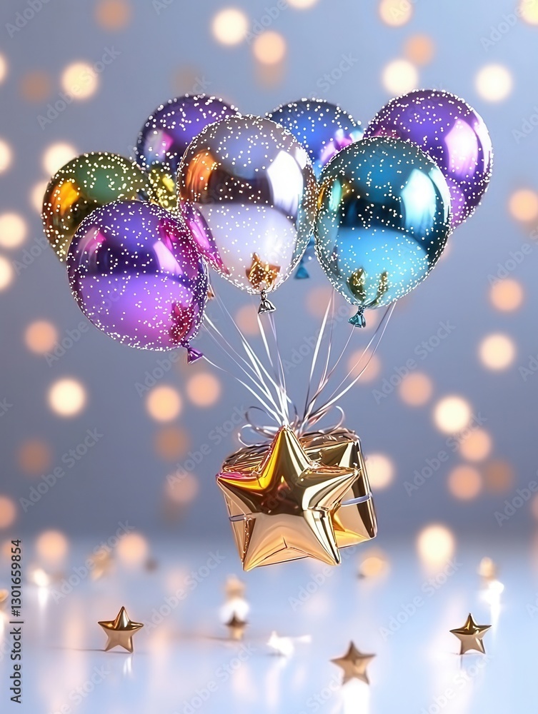 Poster Stunning 3D rendering of a cluster of floating star shaped balloons in a dazzling array of vibrant iridescent colors that create a dreamlike enchanting scene