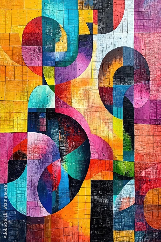 Poster vibrant abstract geometric art featuring curves and colors with dynamic visual flow