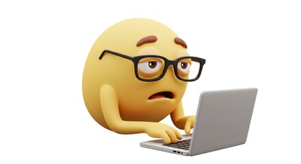 Emoji Using Laptop Shows Frustration and Overwork While Typing