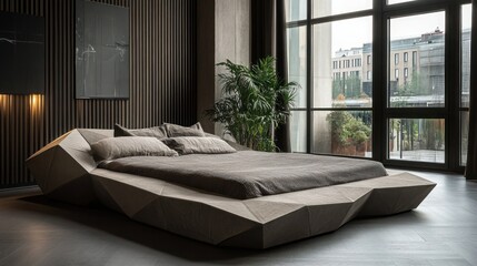 Modern bedroom with unique bed, city view, and art