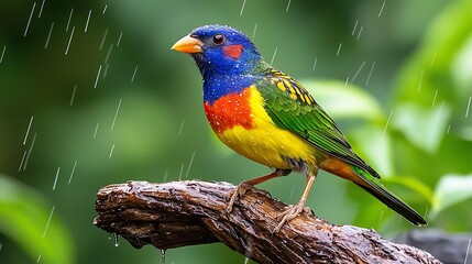 Obraz premium Colorful Bird in Rain on Branch