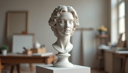 Classic bust sculpture of a woman in an artist's studio