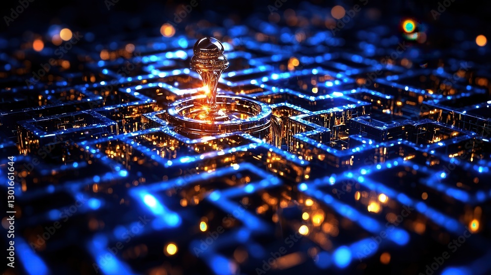 Poster glowing digital city network with intricate grid patterns and illuminated data flows representing th