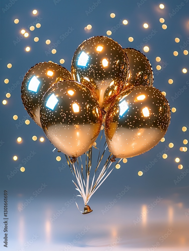 Poster a captivating cluster of radiant metallic star shaped balloons floating weightlessly in a dreamlike 