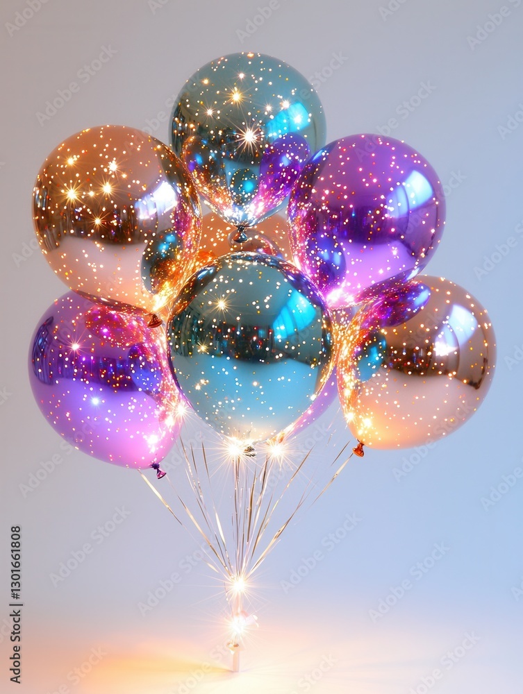 Poster a cluster of reflective star shaped balloons shimmering in a surreal cosmic setting with a galaxy of