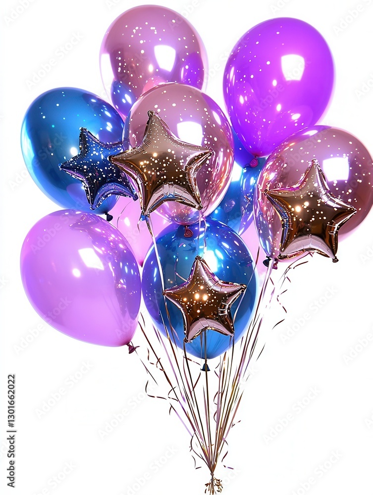 Poster a captivating cluster of radiant metallic star shaped balloons in a vibrant array of colors floating