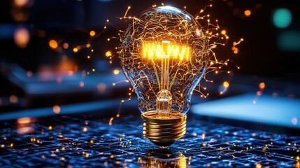 Glowing Algorithmic Maze of Innovation and Brilliance   A complex intricate digital depicting a futuristic electrified network of interconnected lines and shapes symbolizing the power of technology