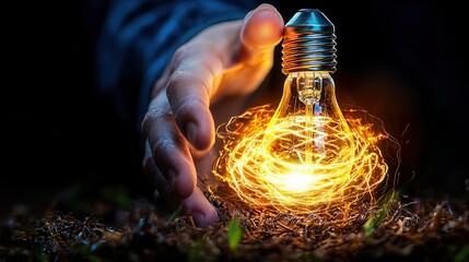 A striking image depicting a glowing light bulb emanating a warm fiery glow and illuminating a lush organic environment filled with natural textures and forms