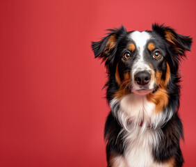 Fototapeta premium Australian Shepherd dog on minimalistic colorful background with Copy Space. Perfect for banners, veterinary ads, pet food promotions, and minimalist designs.