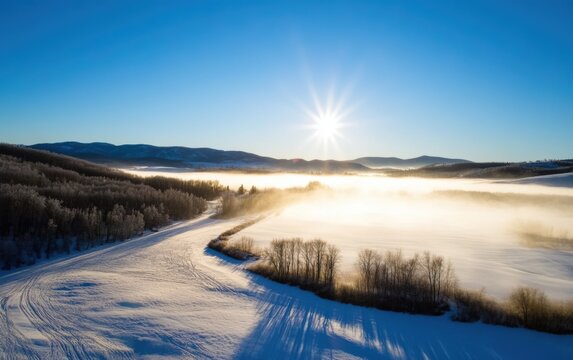 Snowy valley sunrise, frozen landscape, aerial view - Powered by Adobe
