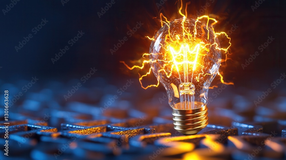Aufkleber a radiant light bulb glowing at the center of a complex abstract maze structure representing the pow