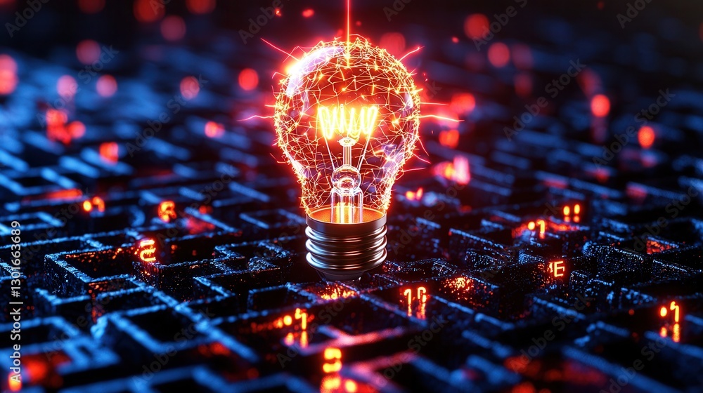 Poster radiant light bulb glowing at the center of an intricate maze like pattern representing the concept 