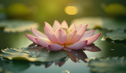 Delicate pink lotus flower floating on the glassy surface of calm water during Mid-Autumn Festival