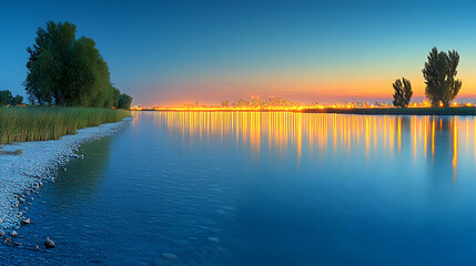 Obraz premium Calm lake sunrise reflecting city skyline
