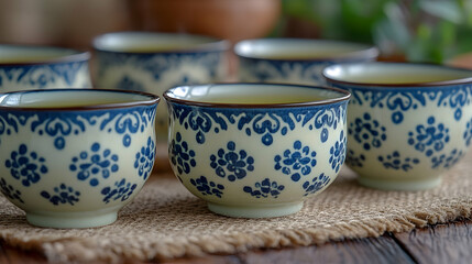 Ceramic teacups filled with green tea on a burlap placemat