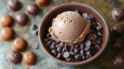 Chocolate Ice Cream Scoop in Bowl with Chocolates