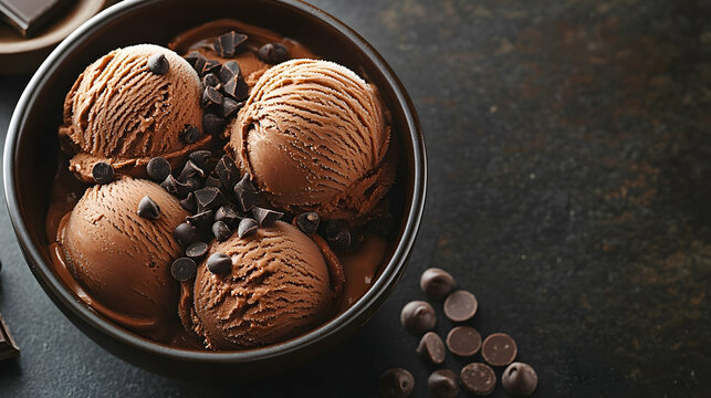 Chocolate ice cream scoops in a bowl, dark background