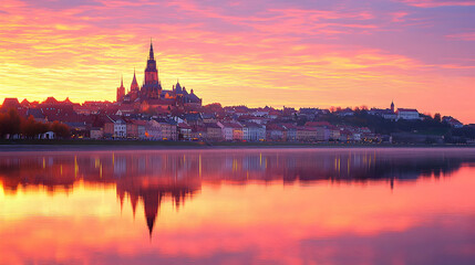 Obraz premium City skyline reflected in tranquil waters at sunrise
