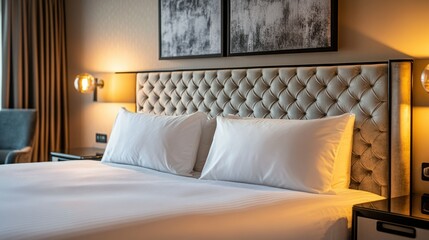 Luxurious hotel bedroom with made bed, artwork, and lamps