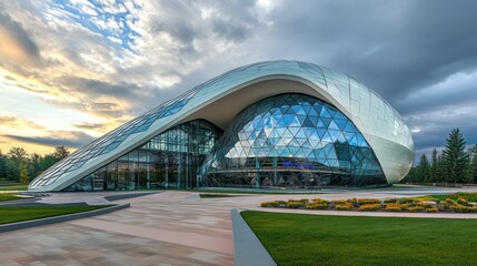 Obraz premium Modern architecture, city building, daylight, dramatic sky, landscaped grounds