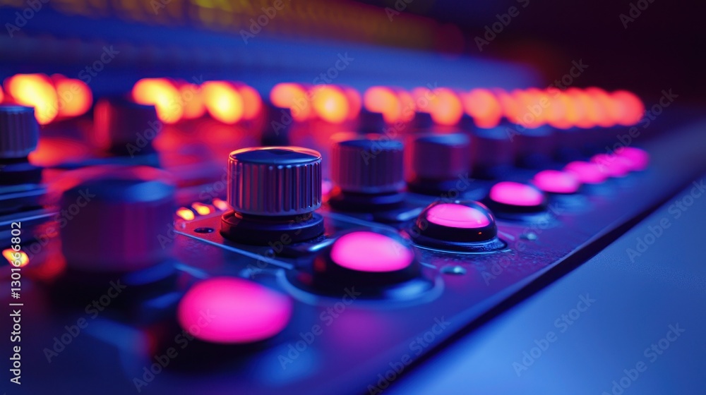 Aufkleber audio mixer controls close-up view of lit knobs and buttons, studio background