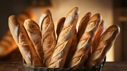 Warmly lit baguettes arranged in a basket on wooden surface – Ideal for artisan bakery promotions, cozy food photography, or bread-related marketing materials.