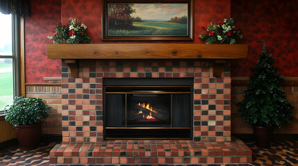 Cozy fireplace in a decorated hotel lobby
