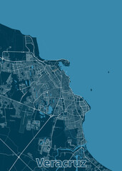 This is a detailed map of Veracruz, a city in Mexico, depicted in a minimalist style. The map features a dark blue background with white lines representing streets and roads.