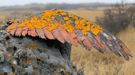 Decayed wing on weathered rock,  field background