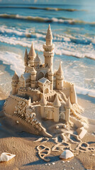 Intricate Sandcastle Masterpiece on Sunny Beach with Gentle Waves and Seashells