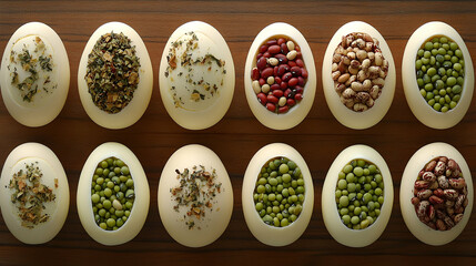 Eggs Filled with Various Beans and Herbs on Wood