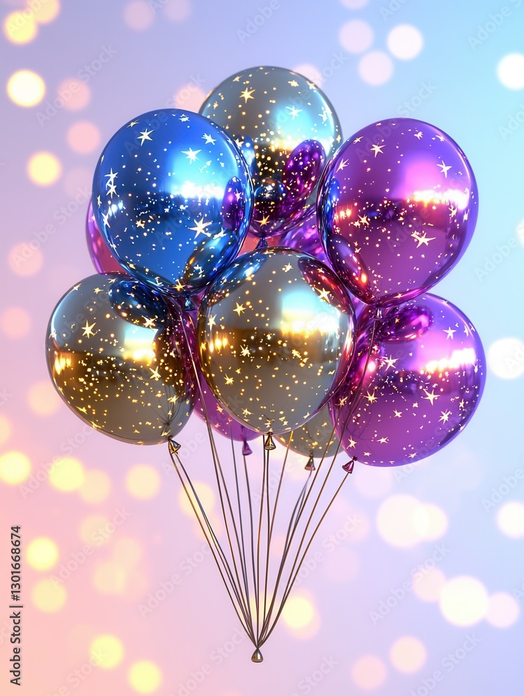 Poster a dynamic mesmerizing cluster of bright star shaped balloons in a vibrant iridescent array of colors