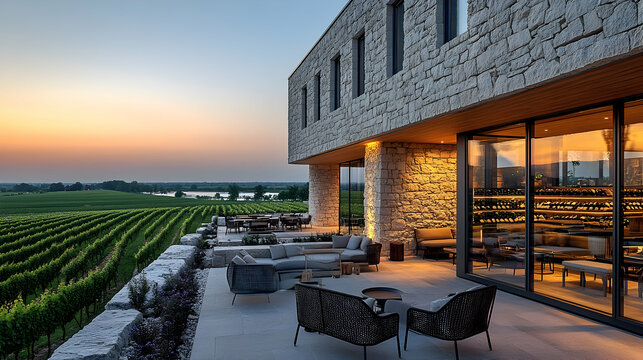 Modern Winery Terrace at Sunset
