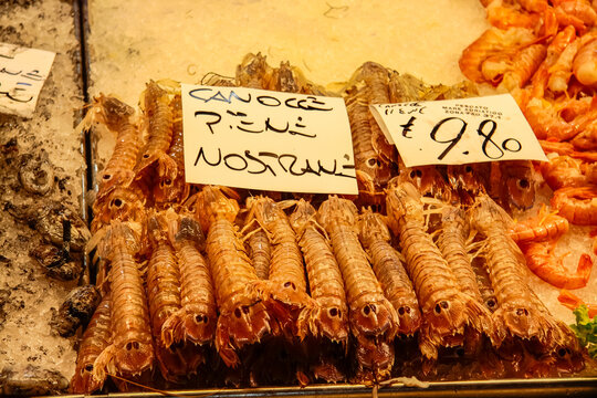 In the market of Venice, products and price tags on products.