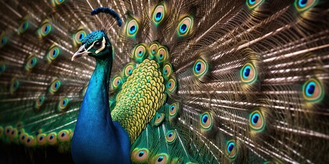 Obraz premium A Majestic Peacock Proudly Displaying Its Colorful Plumage in a Beautiful Setting