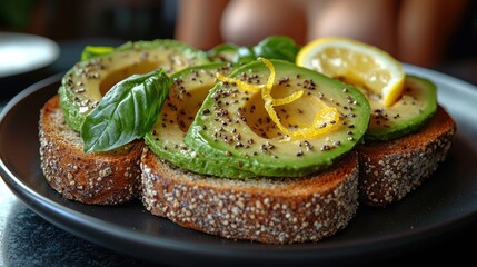 Avocado toast on a plate with lemon, herbs on a dark surface, close-up shot