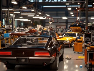 Classic muscle cars in a professional automotive restoration workshop with mechanics working on vintage vehicles under bright industrial lights