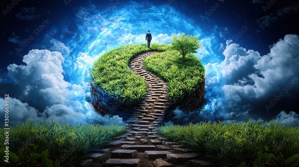 Poster enchanting image showcases a whimsical dreamlike landscape with a winding path leading through lush 