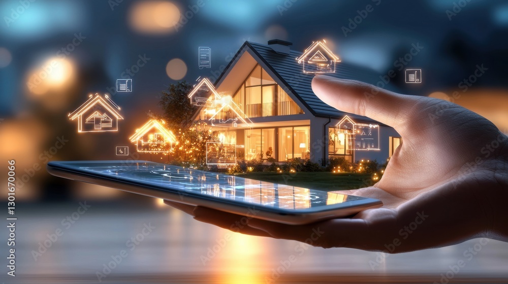 Poster futuristic 3d rendered home automation concept featuring a modern energy efficient house with integr