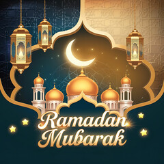Elegant 3D Ramadan Mubarak Banner with Golden Lanterns and Mosque Design