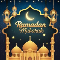 Elegant 3D Ramadan Mubarak Banner with Golden Lanterns and Mosque Design
