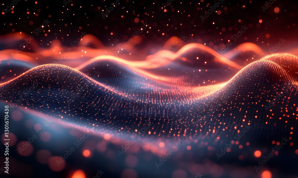 Aufkleber abstract digital landscape with glowing particle waves and bokeh lights