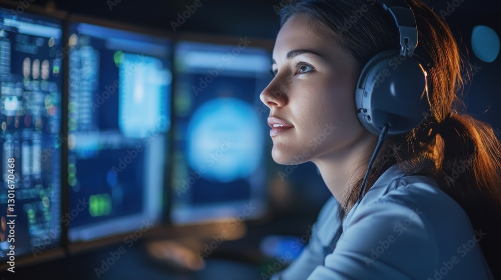 Poster flight dispatcher managing air traffic with computer technology in control room environment